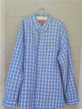 Simms Fishing Products Mens XXL Blue White Plaid Shirt.